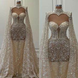 Light Champagne Chart Mermaid Wedding Dress Saudi Arabic Beading Lace Wedding Dresses High Neck Long Puffy Sleeves Dubai Bridal Gowns 0515