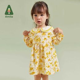 Girl's Dresses Amila Childrens Clothing 2023 New Autumn Cute Cotton Doll Collar Flower Soft Loose Insulation Dress Girl BabyL240502