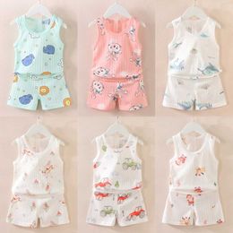 Pajamas 2024 New Childrens Clothing Set Summer Boys and Girls Cartoon Thin Sleeveless Tank Top Shorts Baby d240515