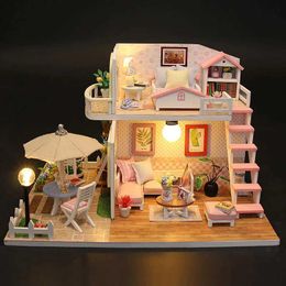 Architecture/DIY House 3D Puzzle Building Model Kit Wooden Miniature Doll House With LED Lights Assembled DollHouses Home Decoration Birthday Gifts