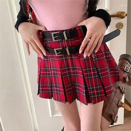 Skirts Dual-Belt Vintage Red Plaid Skirt Pleated For Woman 2024 Summer Kawaii Y2K High Waist A-line Mini Female