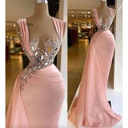 Size Arabic Plus Aso Ebi Pink Luxurious Sheath Prom Dresses Beaded Crystals Lace Evening Formal Party Second Reception Birthday Gowns Dress 0515