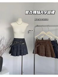 Skirts Women Black Leather Pleated Skirt Y2k A-Line Mini Harajuku Korean Fashion Vintage 90s High Waist Emo 2000s Clothes