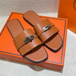 2024 NEWEST Top Quality Women's Genuine Leather Flat Slippers,slides Fashionable Luxury Brand Designer shoes Small Gold Buckle Women's Leather flat Sandals