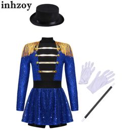 Dancewear Girls Circus Ringmaster Showman Costume Tassels Sequins Skirted Bodysuit with Hat Magic Wand Gloves Outfit for Performance PartyL2405