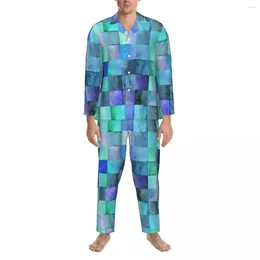 Home Clothing Colorful Geometry Pajama Set Watercolor Square Soft Sleepwear Men Long Sleeve Loose Daily 2 Piece Nightwear Big Size XL 2XL