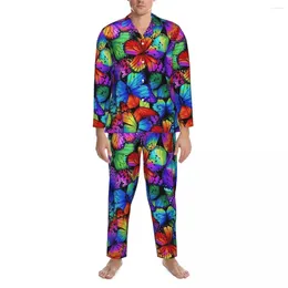 Home Clothing Colourful Butterfly Pyjamas Set Neon Animal Print Kawaii Sleepwear Unisex Long Sleeve Casual Sleep 2 Piece Suit Large Size