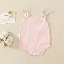 Rompers Blotona Baby Jumpsuit flicka ärmlös blommig tät passande sommar stickad ribbklänning avslappnad jumpsuitl240514l240502