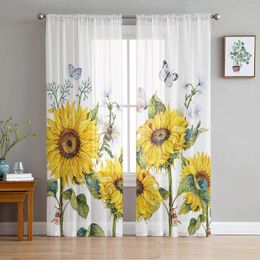 Curtain Sunflower Flower Butterfly Bee White Tulle Curtains Living Room Kitchen Decoration Chiffon Window Treatments Voile Sheer