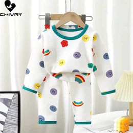 Pajamas New childrens boys and girls cotton pajamas cute cartoon long sleeved O-neck T-shirt top with pants baby autumn pajama set d240515