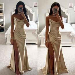 Fashion Champagne Gold Prom Dresses Strapless Evening Gowns Pleats Sheath Split Formal Red Carpet Long Special Ocn Party Dress 0515