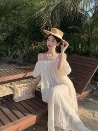Sanya Seaside Holiday Pleated Off-the-Shoulder Strap Dress Loose Slimming Laid-Back Style Pography Fairy Beach For Women