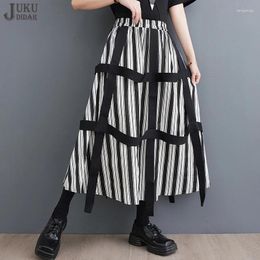 Skirts A-Line Elastic Waist 2024 Japanese Style Woman Summer Casual Long White Striped Skirt With Tapes Unique Wear JJSK013