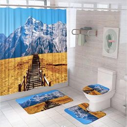 Shower Curtains Mountain Scenic Curtain Set Natural Landscape Wooden Bridge Blue Sky Bathroom Screen Anti-slip Bath Mat Toilet Cover Rugs