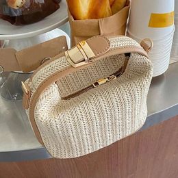 Woven Bucket Bag Summer Small Straw Handbags Large Capacity Trendy Single Shoulder Adjustable Strap Girls Casual Tote 240509