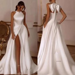 Elegant A Line Dress Halter Bow Satin Wedding Dresses Front Slit Designer Bridal Gowns Country Robe Mariage 0515