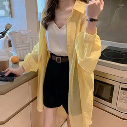 Women's Blouses 2024 Loose Sunscreen Shirts Ladies Casual Long Sleeve Clothing Summer Office Lady Solid Colour Tops Buttons