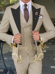 Fashion 3 Pieces Sets Single Breasted Groommen Beige Groom Tuxedo Black Lapel Men Suits Wedding Man Blazer 240426