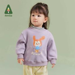T-shirts Amila Baby Girl Hoodie 2023 Winter New Multi Coloured Turtle Neck Wool Warm and Cute Baby ClothingL2405