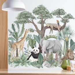 Tropical rain forest plant wallpaper elephant giraffe lion background stickers banana tree wall stickers