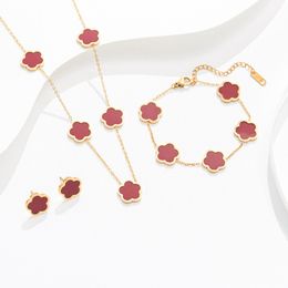 Neue Edelstahlschmuck Set Pflanze Fritillaria Fünf Blattklee Halskette Armbänder Ohrring -Set Luxusstil Frauen Kette 18 goldplattierte Boutique Armband