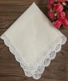 Home Textil 12PCS Fashion Wedding Bridal Handkerchiefs Ivory Cotton Hankie with white Embroidered Crochet Lace edges Vintage hanky8055616