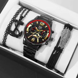 Wristwatches New Men Sports Wrist Man Luxury Business Black Stainless Steel Bracelet Necklace for Men Gift Set Y240510