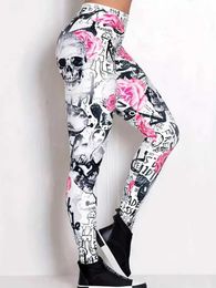 Women's Leggings Floral Skull print elastic waist slim-fit womens leggings for everyday wear Y240508