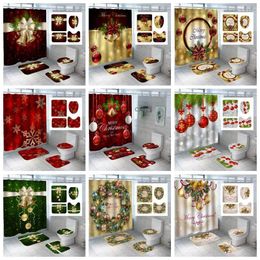 Shower Curtains Christmas Gifts Waterproof Curtain Gold Bells Anti-Slip Mat Green Garland U-Shaped Toilet Cover