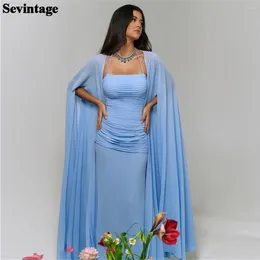 Party Dresses Sevintage Elegant Sky Blue Chiffon Prom Dress Mermaid Long Cape Sleeves Pleated Formal Evening Floor Length Gowns