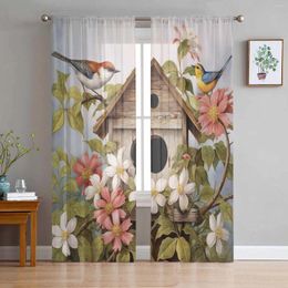 Curtain Spring Vintage Birdhouse Flowers Birds Sheer Curtains For Living Room Decoration Window Kitchen Tulle Voile