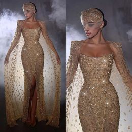Elegant Gold Mermaid Evening Dresses With Cape Sequins Beads Strapless Party Prom Front Split Formal Long Red Carpet Dress For Special Ocn 0515