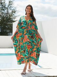 Green Floral Buttons Bohemian Printed Kaftan Women's Vacation Fashion Long Dress Beach Wear Bathing Suit Cover Up Q1602