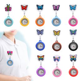 Party Favor Colored Butterfly 28 Clip Pocket Watches Analog Quartz Hanging Lapel For Women Sile Nurse Watch With Second Hand On Easy T Ot5Go