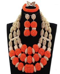 Earrings Necklace Orange Coral Beads Pendant African Wedding Jewelry Set Dubai Gold Nigeria Bride Handmade NCL13288695995918804