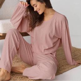 Home Clothing Europe And America Cross Border Pink Knitted Sunken Stripe Round Neck Pyjamas Long-Sleeved Trousers Two-Piece Suit Wear For