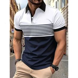 Mens fashion short -sleeved striped stamps Poloshan casual lapel POLO shirt 240514