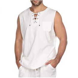 Mens Summer Tank Tops Cotton Linen Vest Casual Sleeveless Tees Loose Lace Up ONeck Streetwear 240509