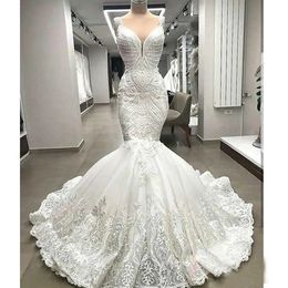 2024 White Lace Mermaid wedding dresses sexy spaghetti lace appliques bridal gowns plus size flower pattern floor length wedding dress