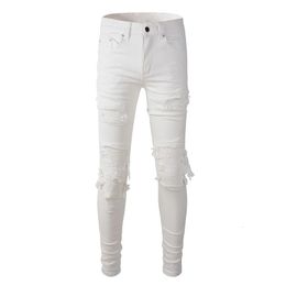 Sokotoo Mens white stretch ripped biker jeans Slim skinny pleated patchwork denim pants 240514