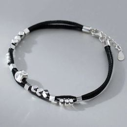 183cm Waterproof Wax Rope 925 Silver Bracelets Women Silver Bead Black Thread Line String Bracelets For Women Cold Style 240515