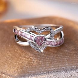 Cluster Rings Bridal Love Heart Wedding Bands Silver Colour Pink White Zircon Promise Engagement For Women Luxury Valentine Day Jewellery