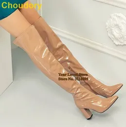 Boots Choudory Nude Patent Leather Chunky Heel Over The Knee Pointed Toe Long Sexy Thigh High Dress Tall Shoes