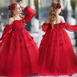 Red Flower Girls Dresses Sheer Jewel Long Sleeves Girl Pageant Gowns Toddler First Communion Dress Floor Length Appliqued Kids Formal Wear 0515