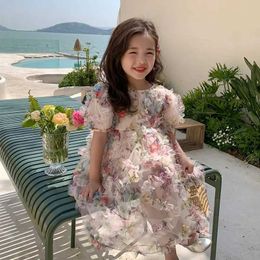 Girl's Dresses Girls casual dress 3D flower net short sleeved girls childrens dress traditional Chinese girls dress d240515