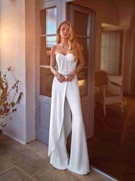 Chic Women White Jumpsuits Wedding Dress Flare Wide Pants Sweetheart Strapless Sleeveless Bridal Gowns Simple Country Elopement Bride Formal Wear With Beaded Belt