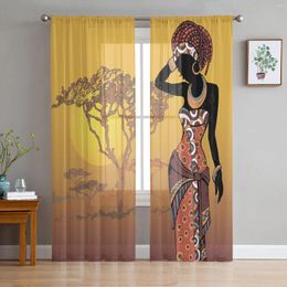 Curtain African Woman Plant Trees Art Sheer Curtains For Living Room Decoration Window Kitchen Tulle Voile Organza