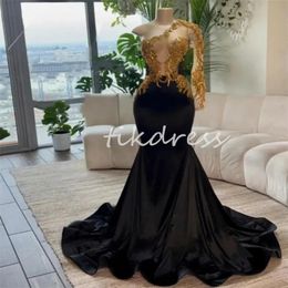 Black Prom Dresses With Gold Beading One Shoulder African Mermaid Evening Dress Aso Ebi Black Women Formal Dress Birthday Occasion Party Wear Vestios De Fiesta 2024