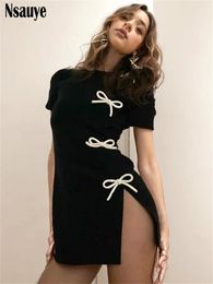 Nsauye Bow Casual Short Sleeve O Neck Wrap Mini Dress Women Sexy Club Elegant Fashion Ladies Black Dresses Summer 240513