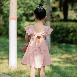 Girl's Dresses Little Girl Summer Sweet Princess Dress Cotton Linen Childrens Dress Solid Colour Bow No Back Fold A-line Sun Dress d240515